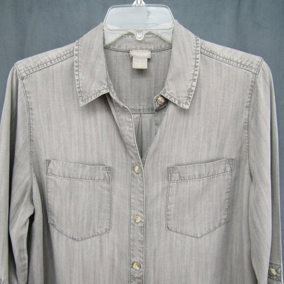 Chicos Weathered Gray Button Up Top Size M 1 Roll Tab Sleeve Pockets Lyocell - Picture 2 of 8